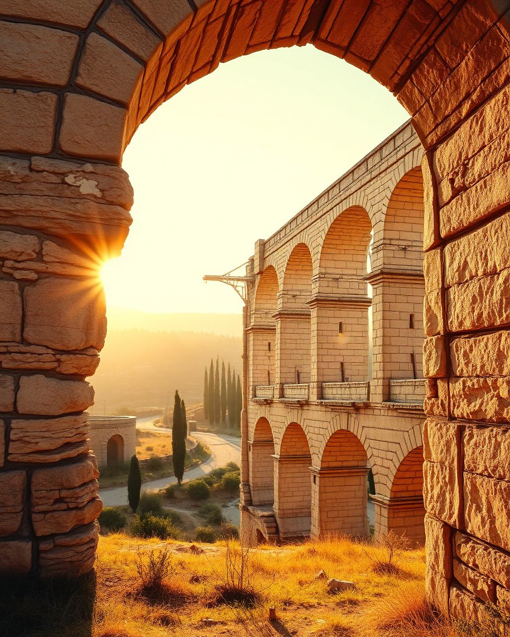 Ancient Mediterranean stone aqueduct at golden hour
